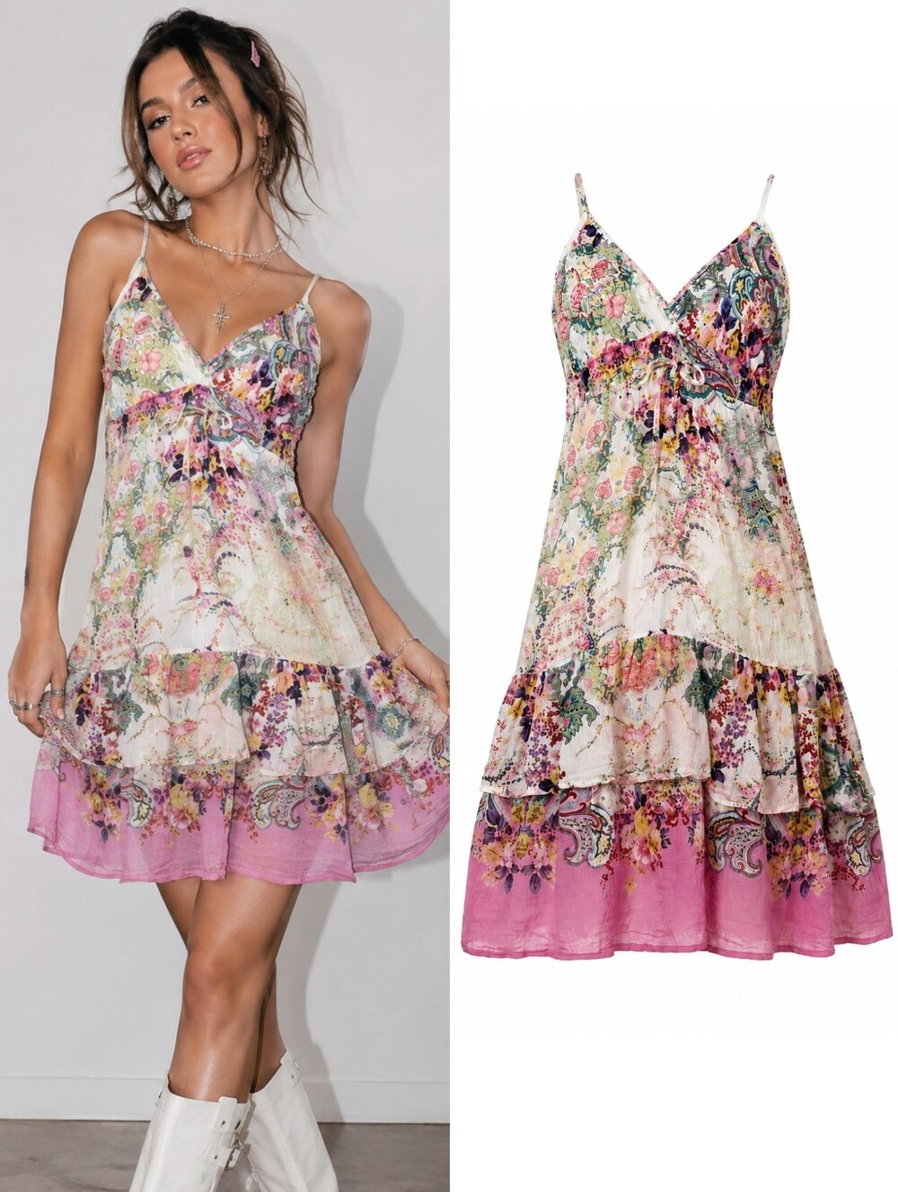 VINTAGE Y2K YUKA BEACH Pink Fairycore Floral Sequin Cotton Midi Dress